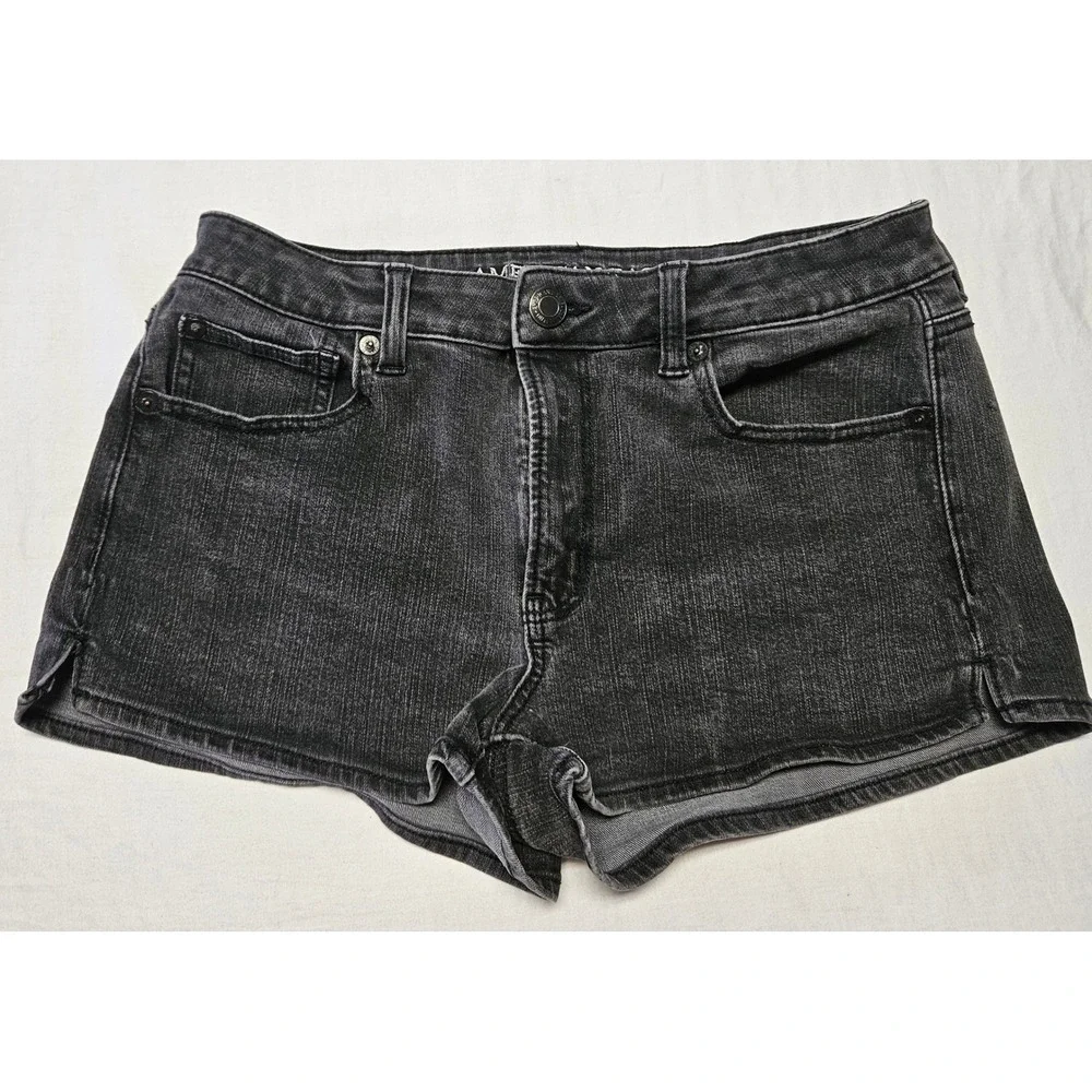 American Eagle Hi-Rise Shortie Denim Shorts Womens 8‎ Black 360 Super Stretch